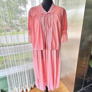 Vintage 1960s lingerie set, peach/coral pastel, negligee & peignoir, 2 pieces